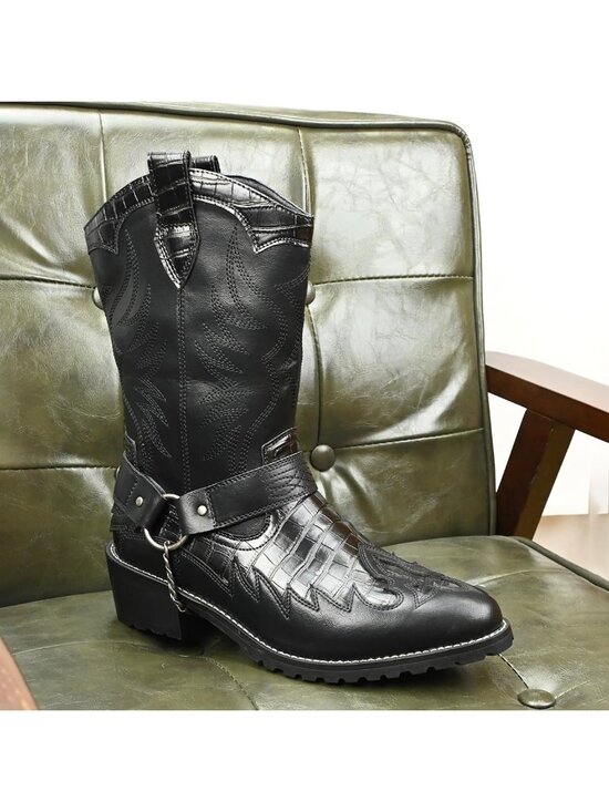 Men\'s Black Faux Leather Fashionable Metal Chain Design Western Cowboy Boots main image 5